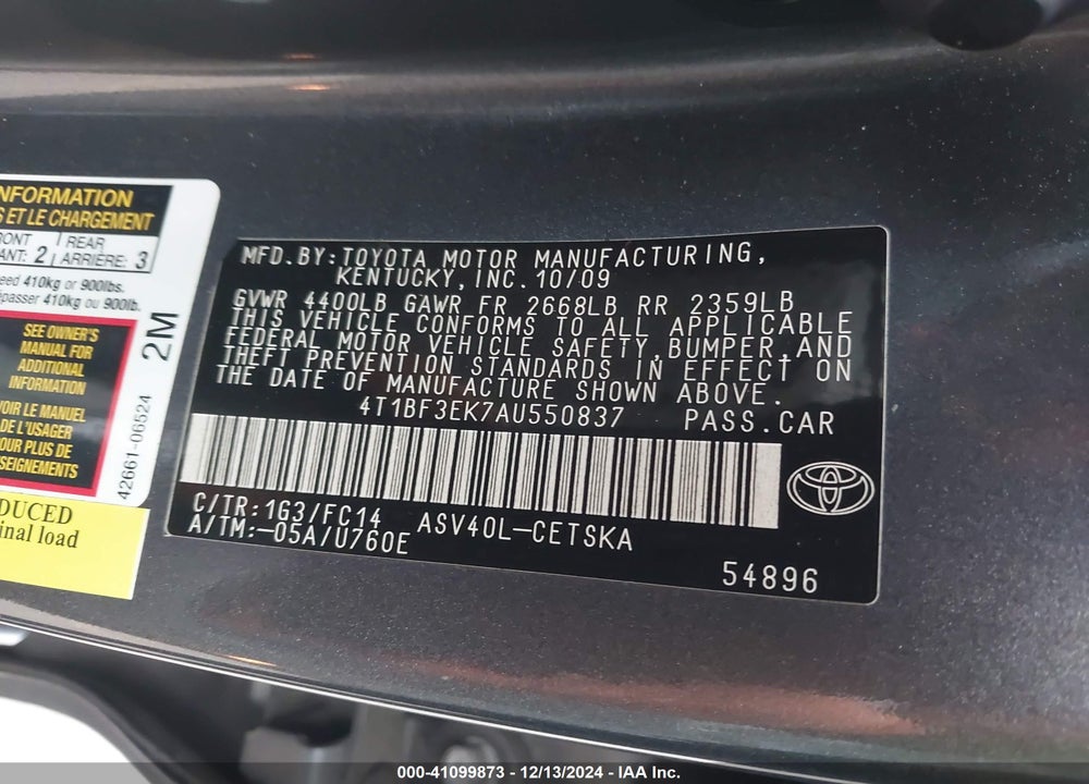 2010 TOYOTA CAMRY SE VIN: 4T1BF3EK7AU550837