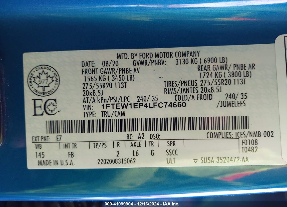 2020 FORD F150 VIN: 1FTEW1EP4LFC74660