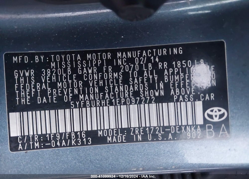 2014 TOYOTA COROLLA VIN: 5YFBURHE1EP097272