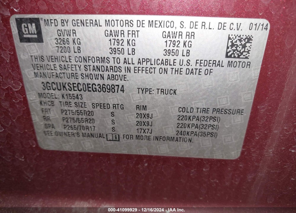 2014 CHEVROLET SILVERADO 1500 2LZ VIN: 3GCUKSEC0EG369874