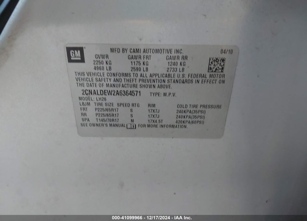2010 CHEVROLET EQUINOX LT VIN: 2CNALDEW2A6364571