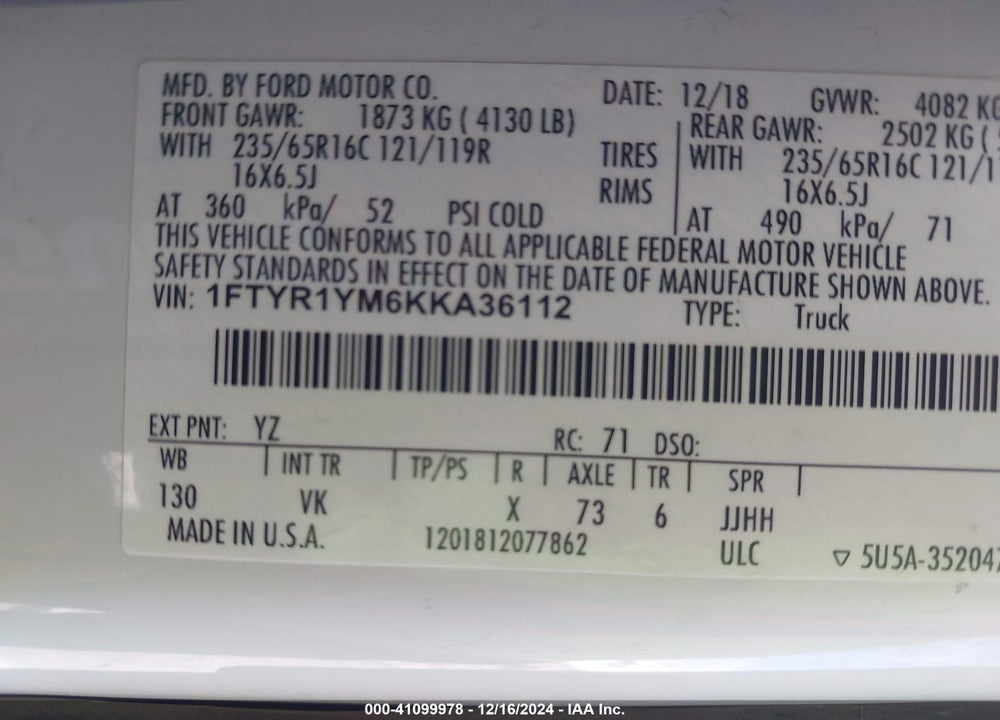 2019 FORD TRANSIT-250 VIN: 1FTYR1YM6KKA36112