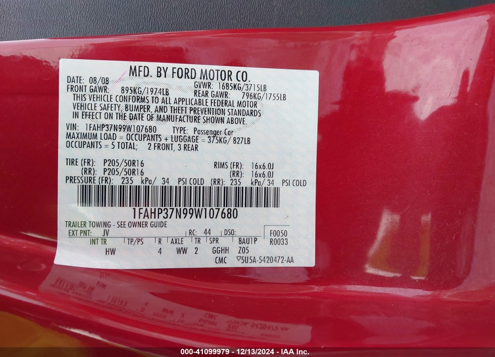 2009 FORD FOCUS SEL VIN: 1FAHP37N99W107680