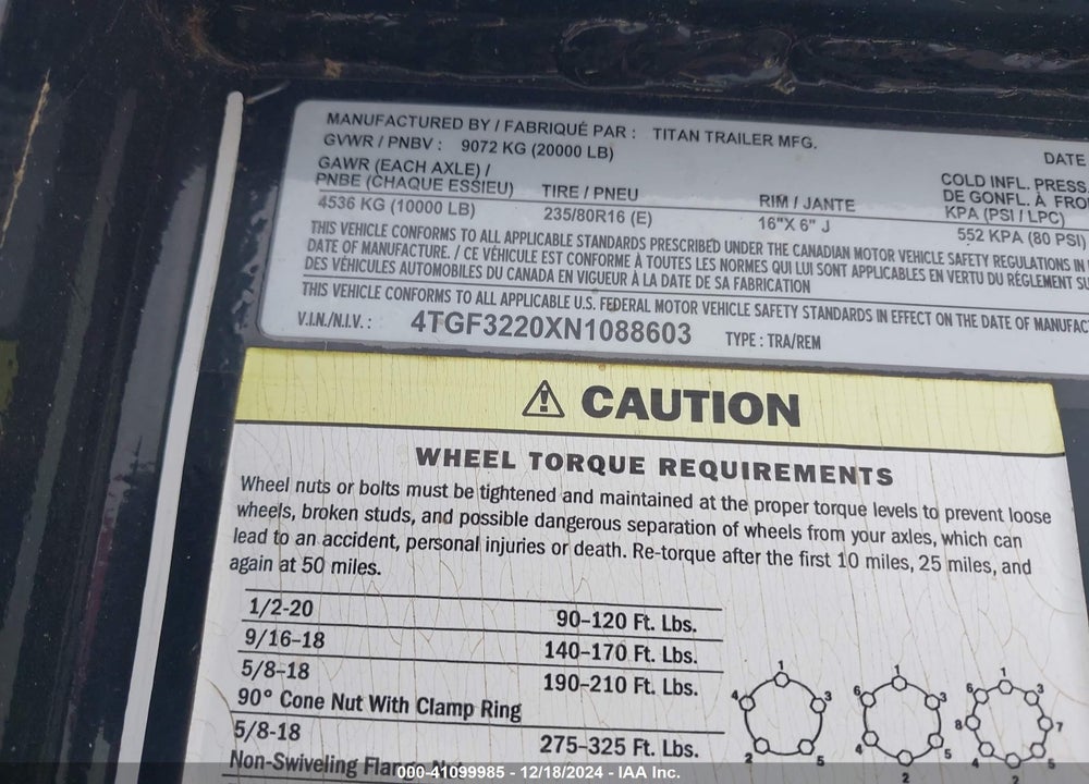 2022 TITAN TRAILER MFG UNKNOWN VIN: 4TGF3220XN1088603
