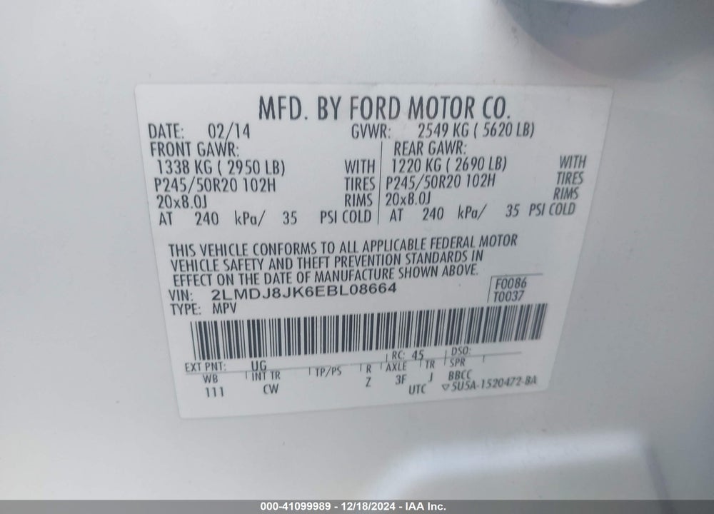 2014 LINCOLN MKX VIN: 2LMDJ8JK6EBL08664