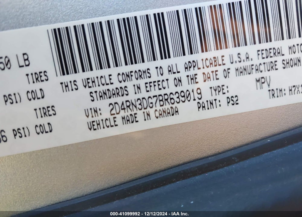 2011 DODGE GRAND CARAVAN MAINSTREET VIN: 2D4RN3DG7BR639019