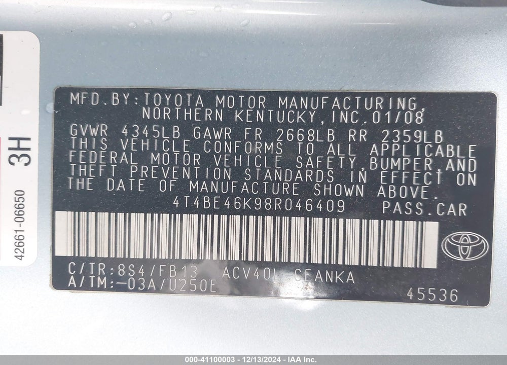 2008 TOYOTA CAMRY LE VIN: 4T4BE46K98R046409