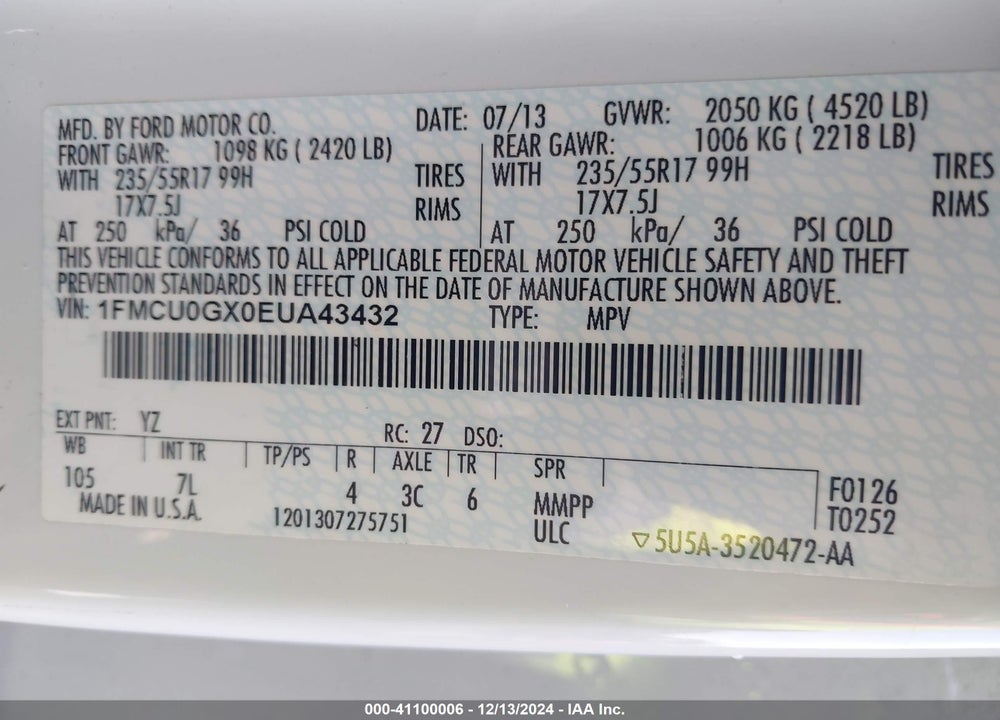 2014 FORD ESCAPE SE VIN: 1FMCU0GX0EUA43432