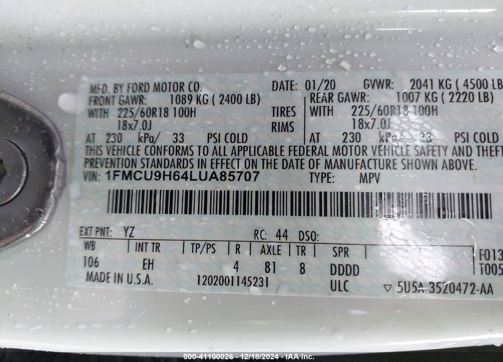 2020 FORD ESCAPE SEL VIN: 1FMCU9H64LUA85707