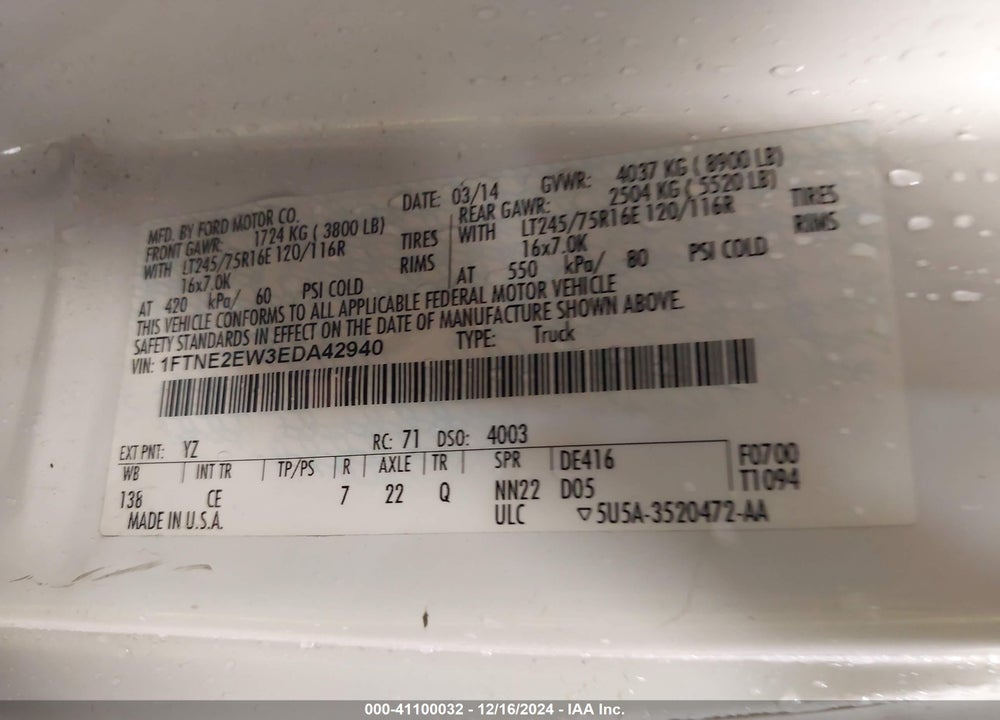 2014 FORD E-250 VIN: 1FTNE2EW3EDA42940
