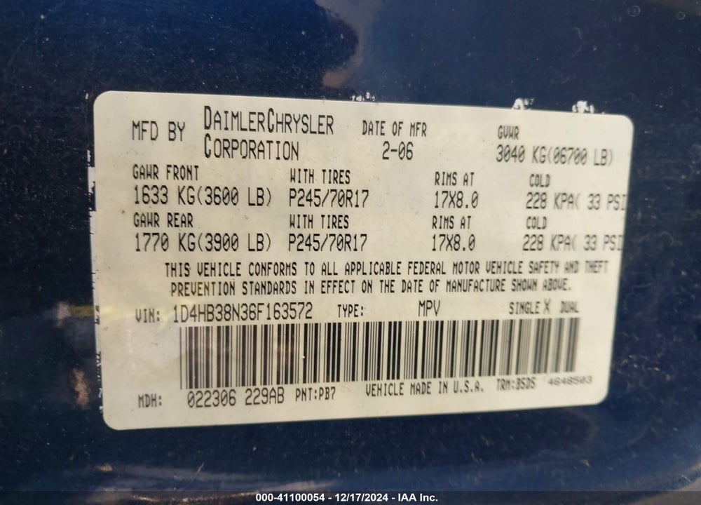 2006 DODGE DURANGO SXT VIN: 1D4HB38N36F163572