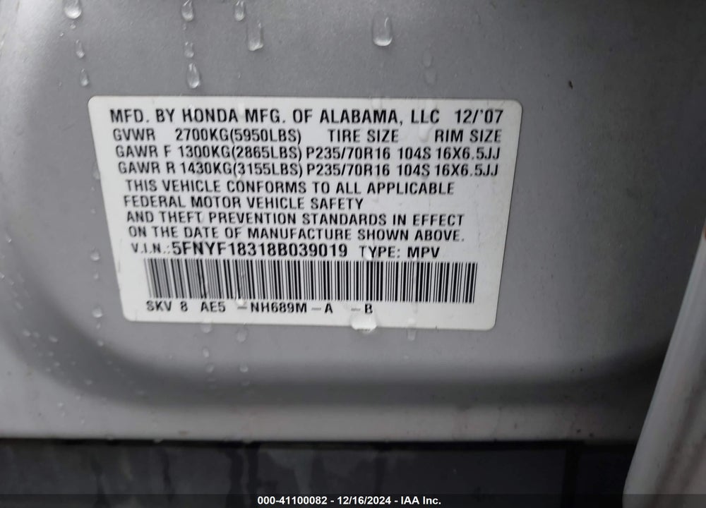 2008 HONDA PILOT SE VIN: 5FNYF18318B039019