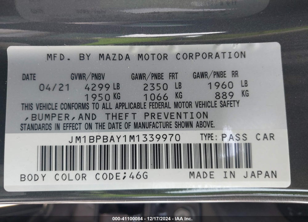 2021 MAZDA 3 2.5 TURBO VIN: JM1BPBAY1M1339970