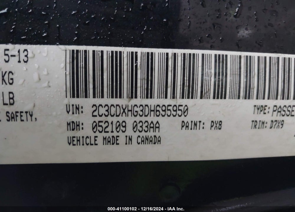 2013 DODGE CHARGER SXT VIN: 2C3CDXHG3DH695950