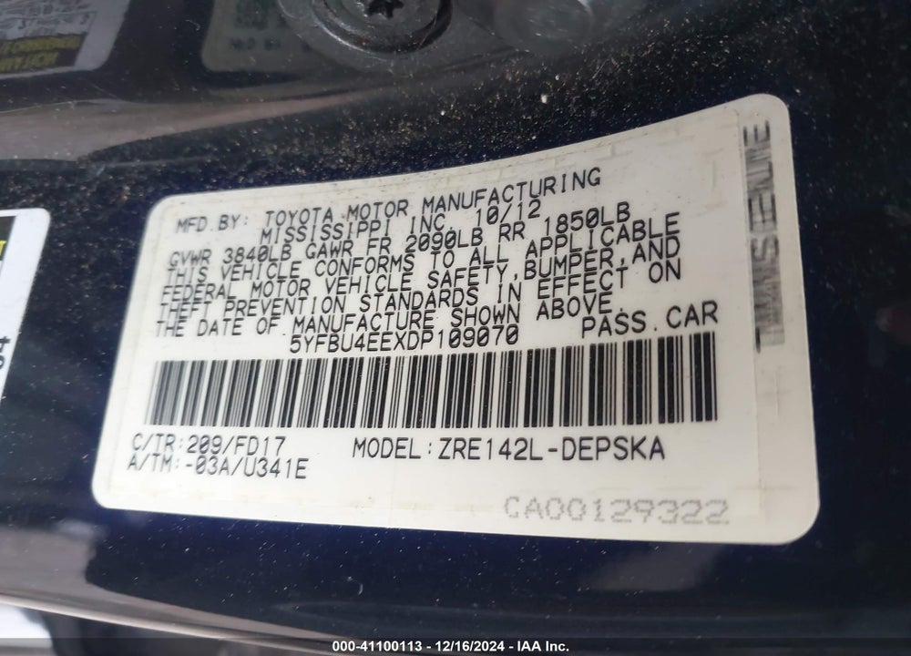 2013 TOYOTA COROLLA S VIN: 5YFBU4EEXDP109070