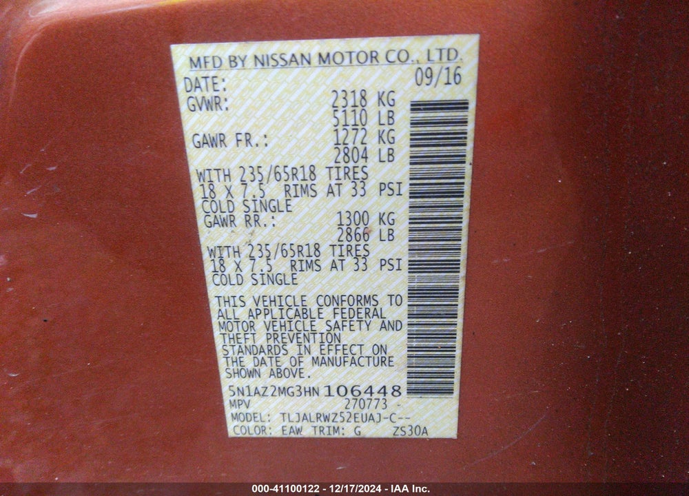 2017 NISSAN MURANO SL VIN: 5N1AZ2MG3HN106448