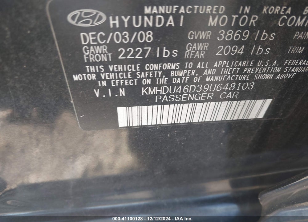 2009 HYUNDAI ELANTRA GLS VIN: KMHDU46D39U648103
