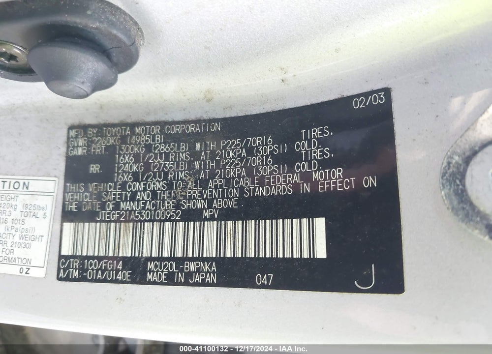 2003 TOYOTA HIGHLANDER V6 VIN: JTEGF21A530100952