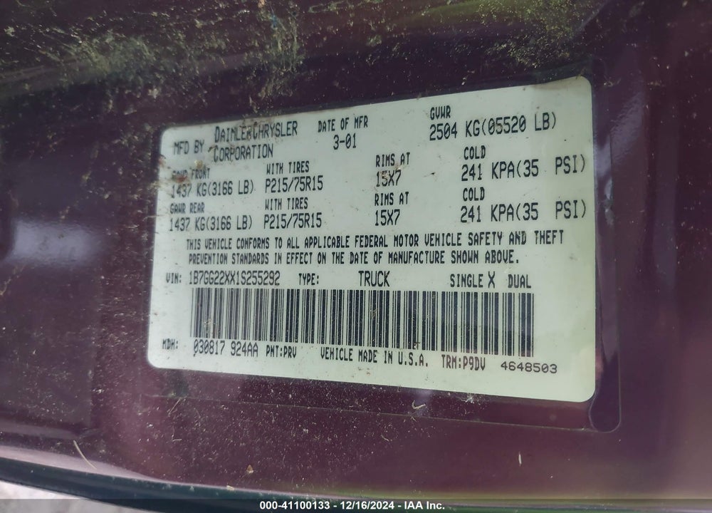 2001 DODGE DAKOTA SLT/SPORT VIN: 1B7GG22XX1S255292