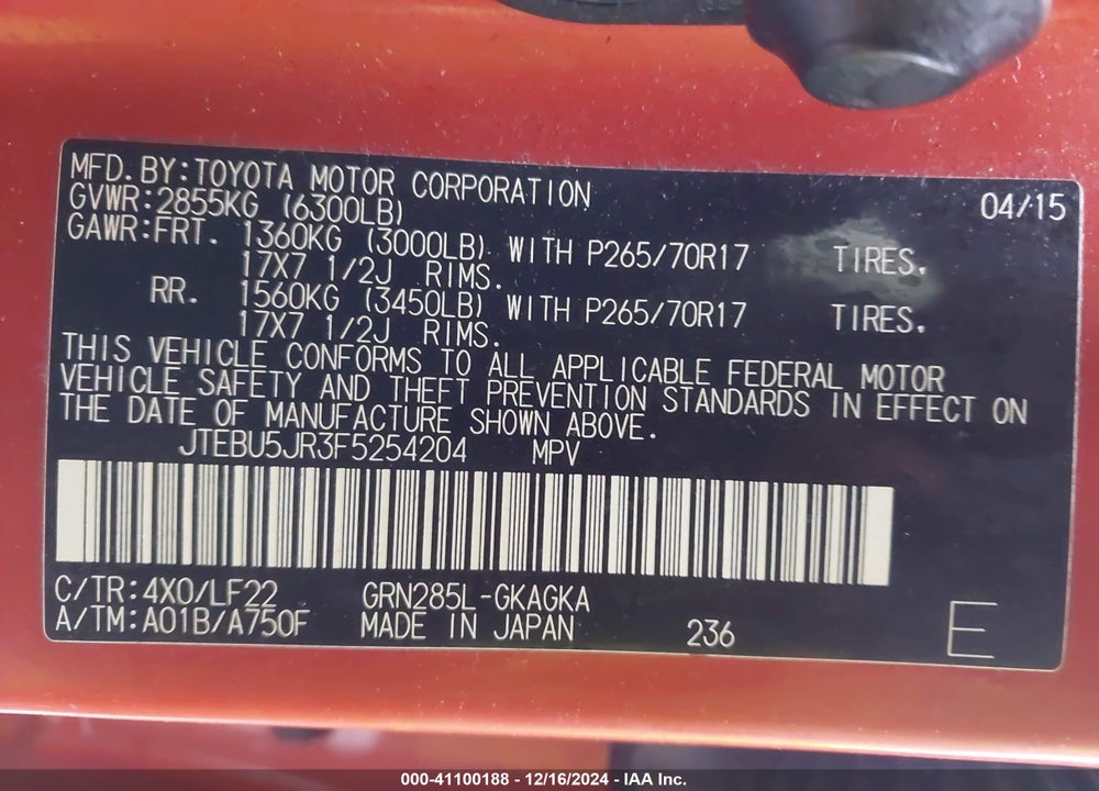 2015 TOYOTA 4RUNNER VIN: JTEBU5JR3F5254204