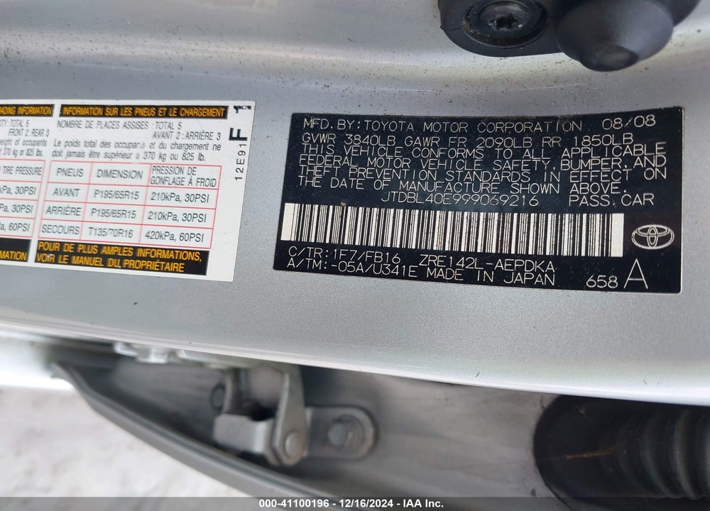 2009 TOYOTA COROLLA LE VIN: JTDBL40E999069216
