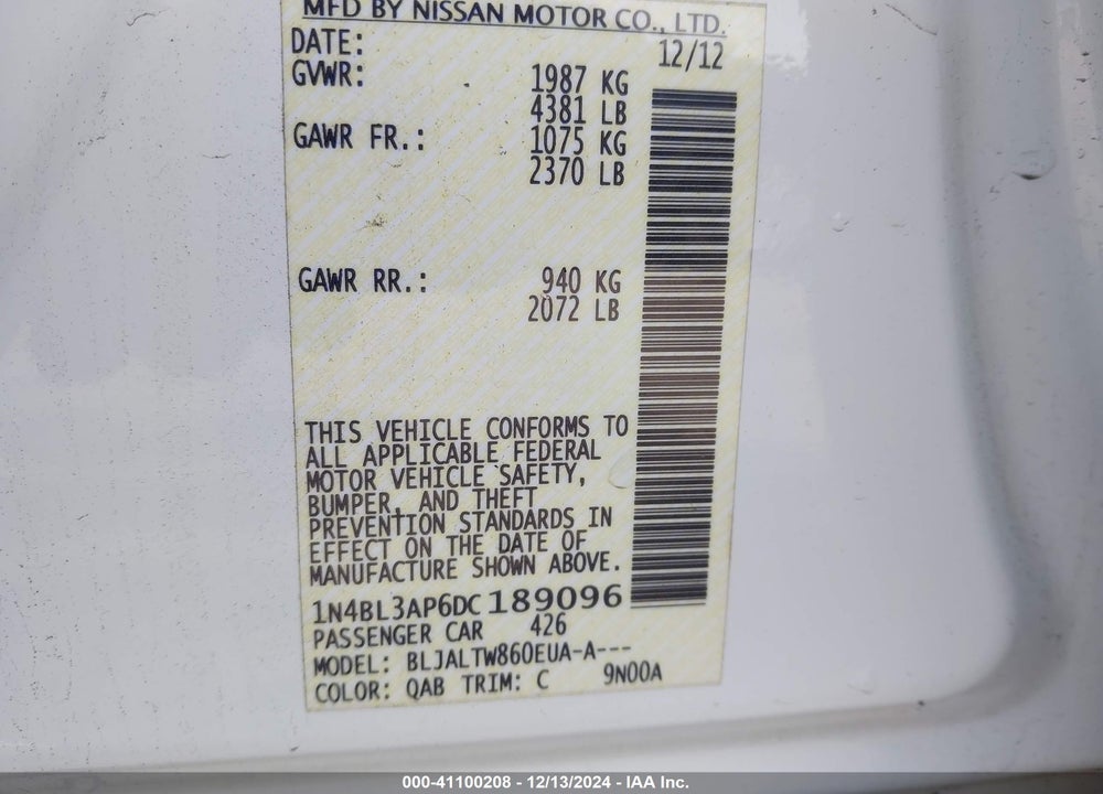 2013 NISSAN ALTIMA 3.5 SV VIN: 1N4BL3AP6DC189096