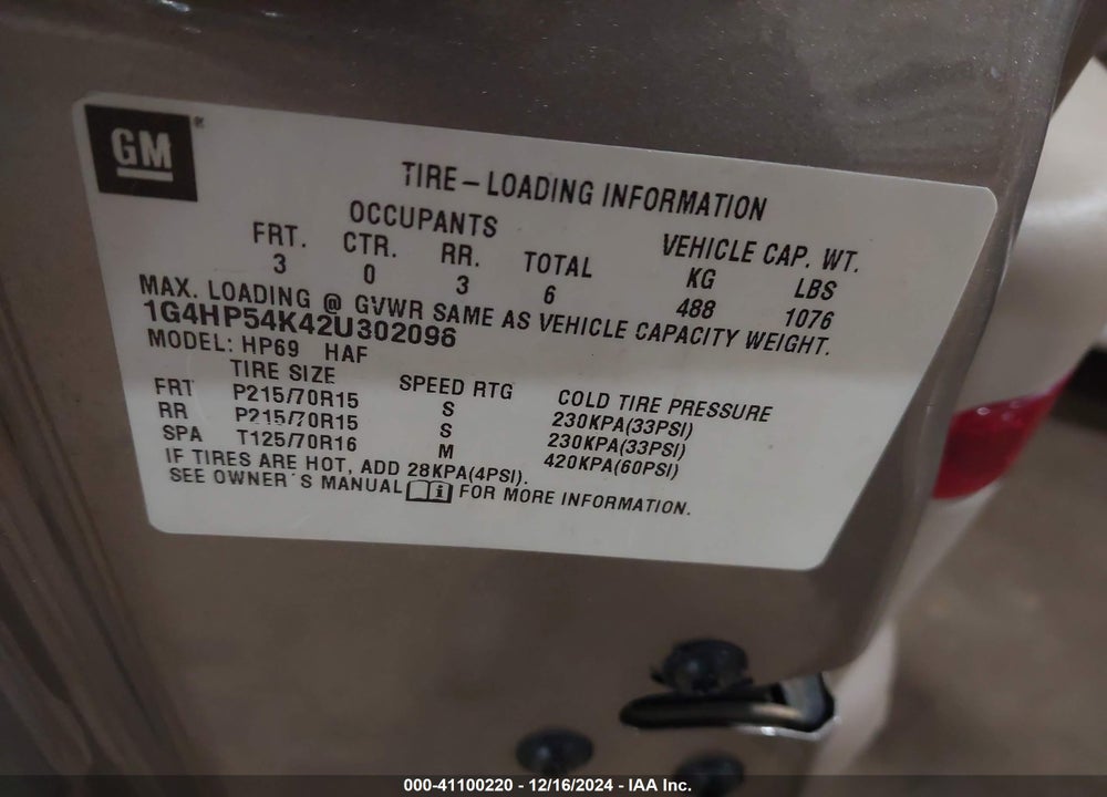 2002 BUICK LESABRE CUSTOM VIN: 1G4HP54K42U302096