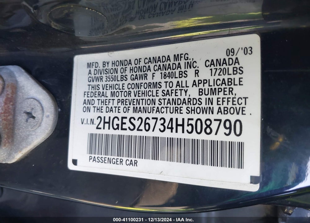 2004 HONDA CIVIC EX VIN: 2HGES26734H508790