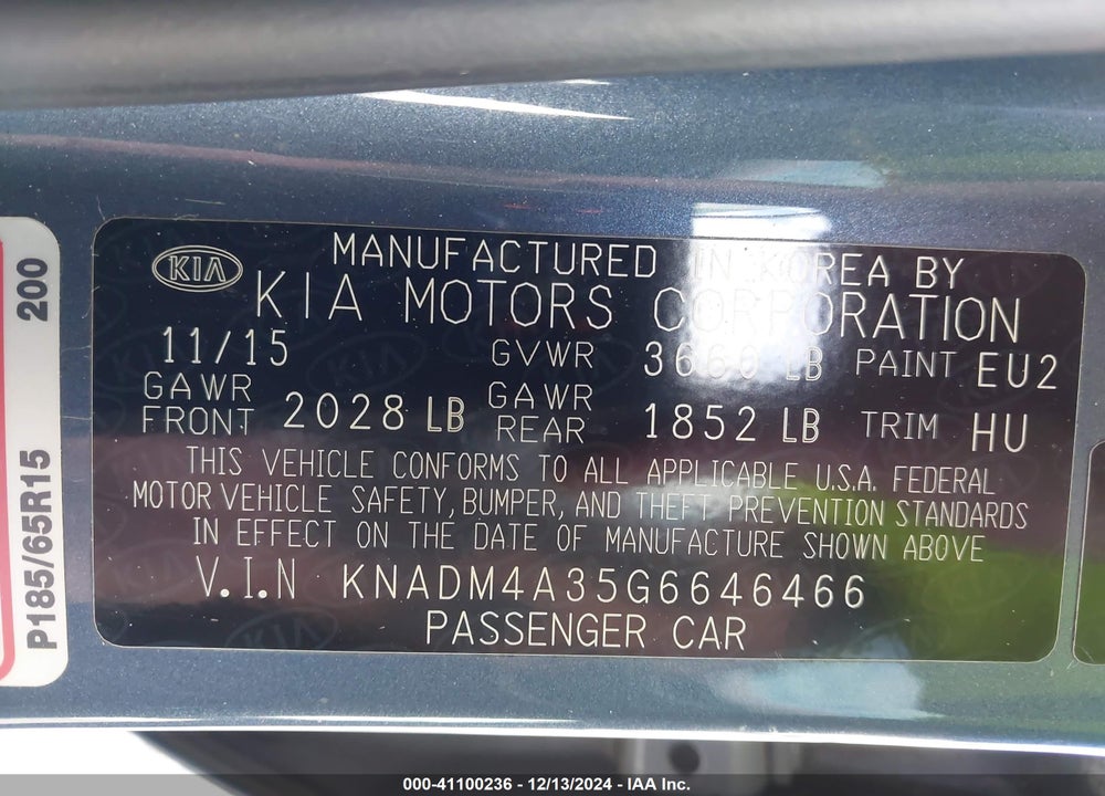 2016 KIA RIO LX VIN: KNADM4A35G6646466