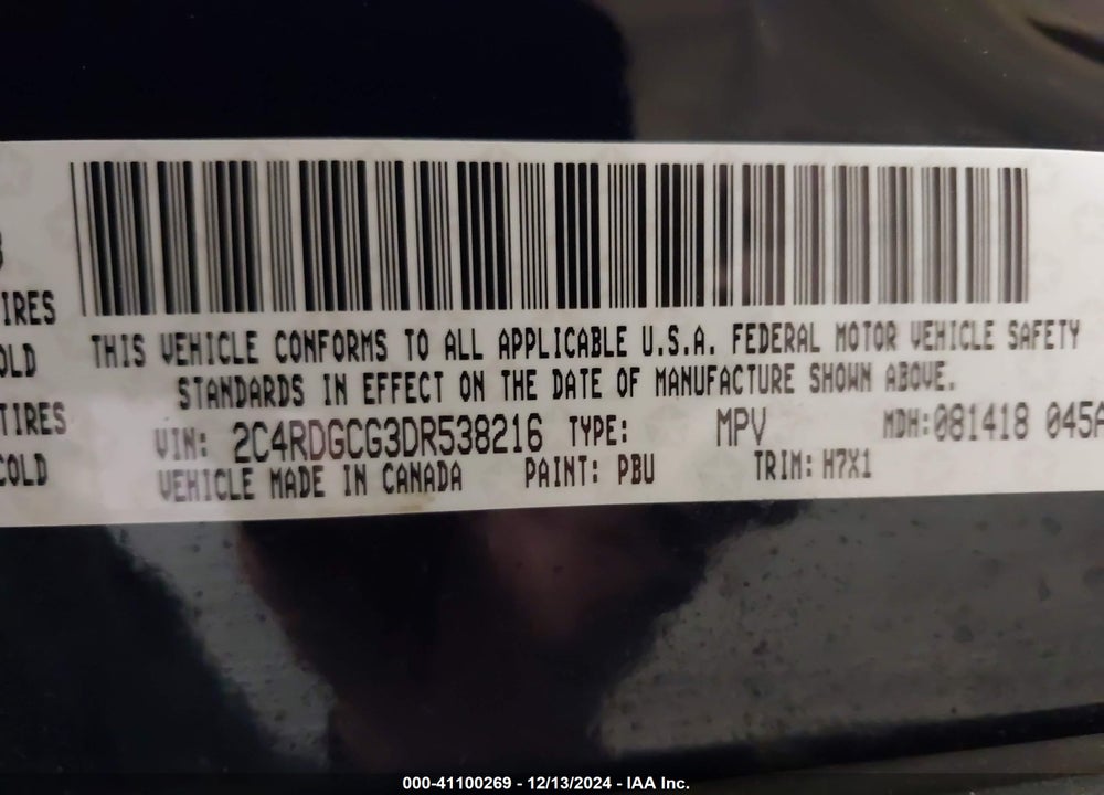 2013 DODGE GRAND CARAVAN SXT VIN: 2C4RDGCG3DR538216
