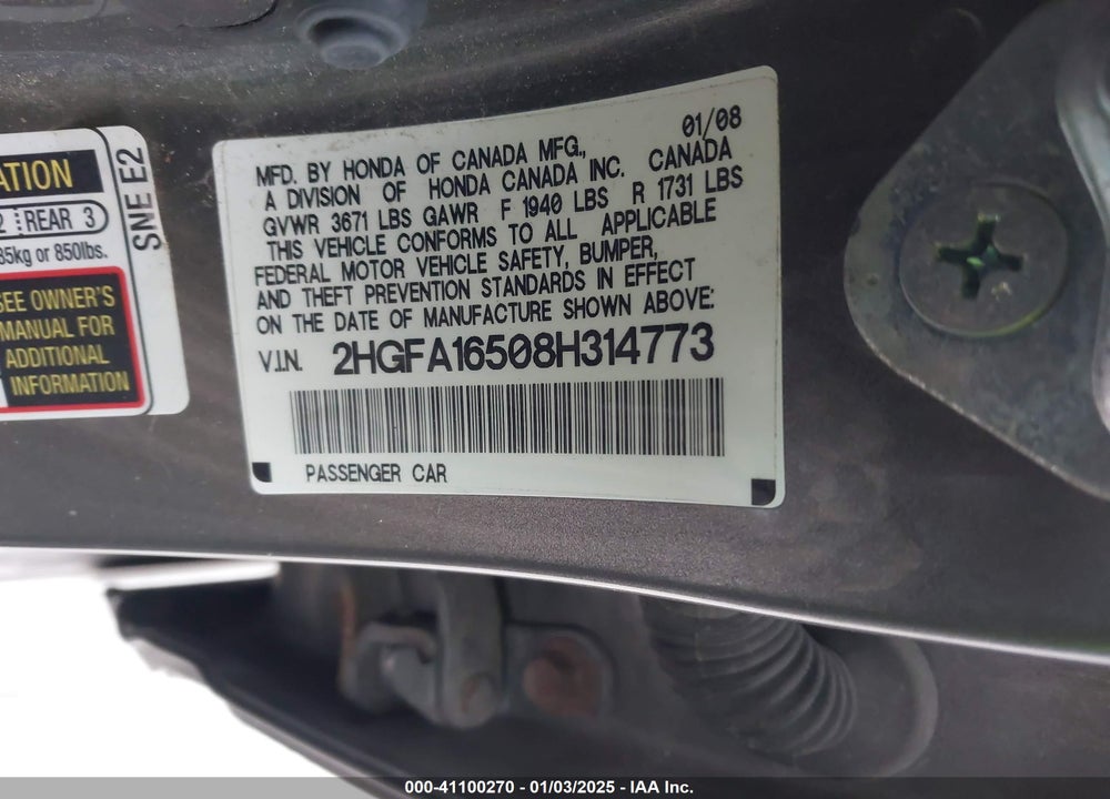 2008 HONDA CIVIC LX VIN: 2HGFA16508H314773