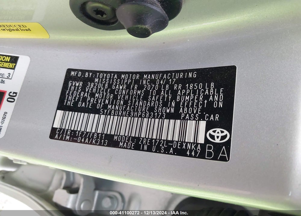 2017 TOYOTA COROLLA VIN: 5YFBURHE9HP683173