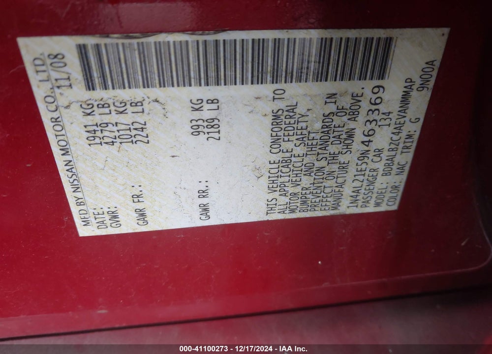 2009 NISSAN ALTIMA 2.5 S VIN: 1N4AL21E59N463369