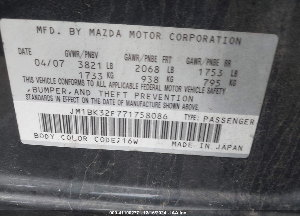 2007 MAZDA 3 I VIN: JM1BK32F771758086