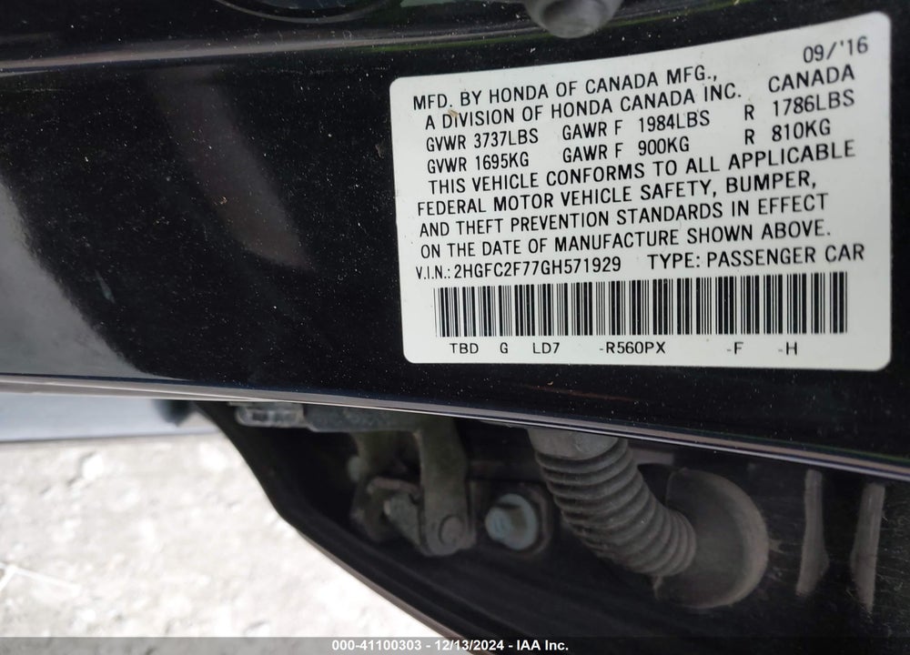 2016 HONDA CIVIC VIN: 2HGFC2F77GH571929