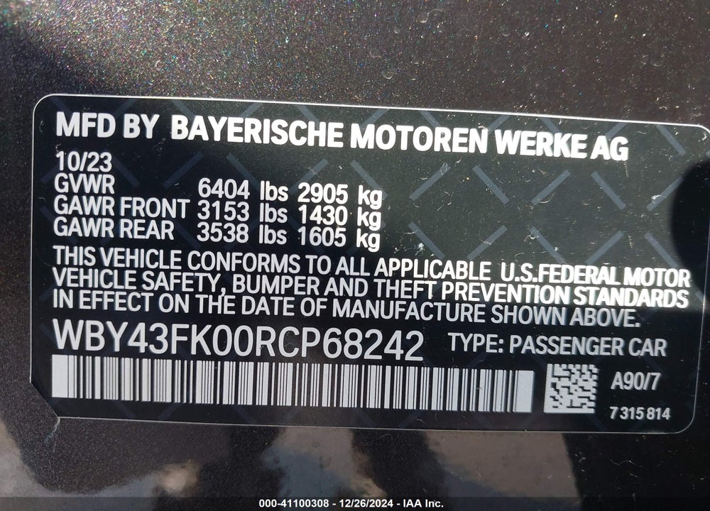 2024 BMW I5 VIN: WBY43FK00RCP68242