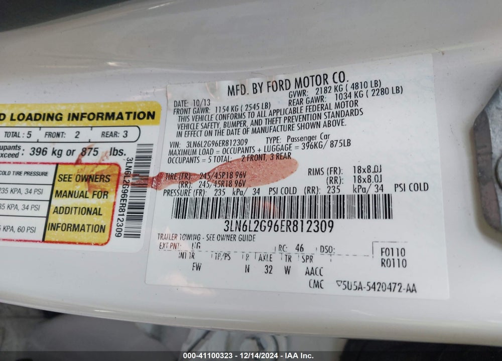 2014 LINCOLN MKZ VIN: 3LN6L2G96ER812309