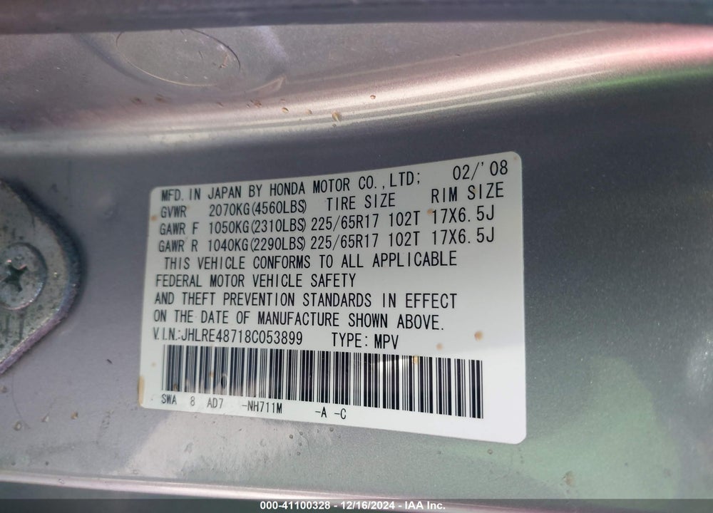 2008 HONDA CR-V EX-L VIN: JHLRE48718C053899