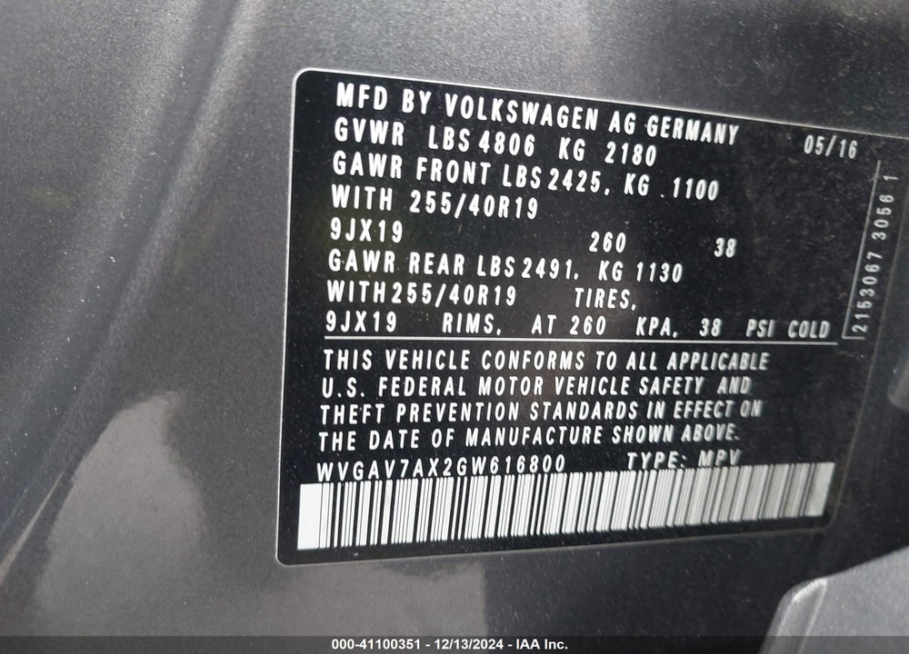 2016 VOLKSWAGEN TIGUAN R-LINE VIN: WVGAV7AX2GW616800