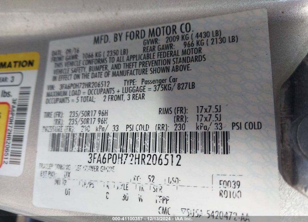 2017 FORD FUSION SE VIN: 3FA6P0H72HR206512