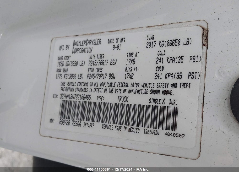 2002 DODGE RAM 1500 ST VIN: 3B7HA18N72G106465