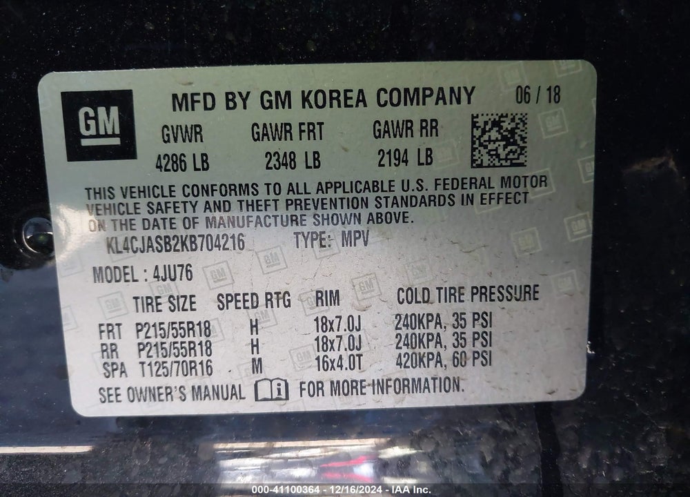 2019 BUICK ENCORE FWD PREFERRED VIN: KL4CJASB2KB704216