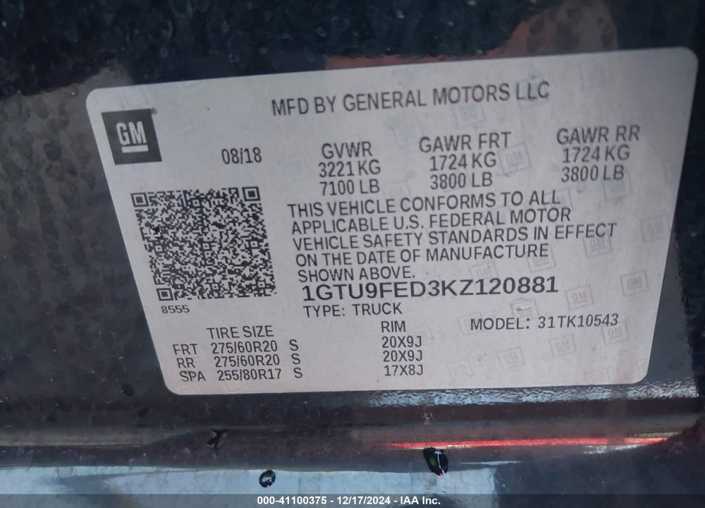 2019 GMC SIERRA 1500 DENALI VIN: 1GTU9FED3KZ120881