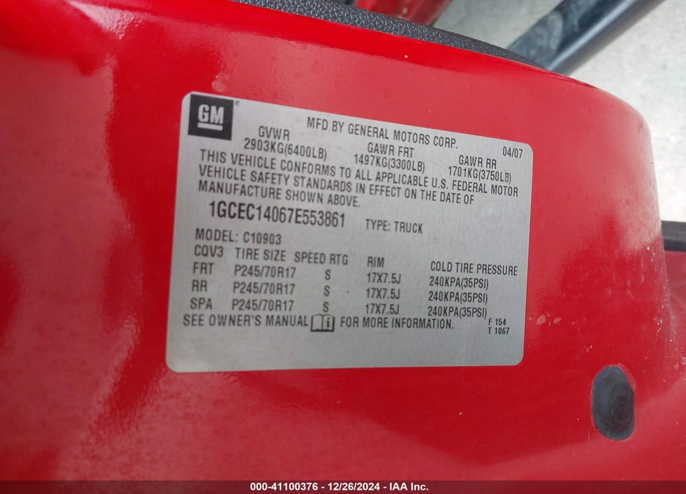 2007 CHEVROLET SILVERADO 1500 VIN: 1GCEC14067E553861