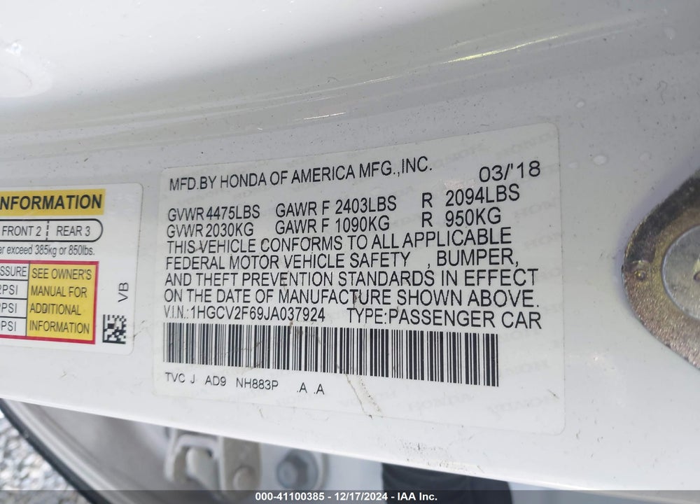 2018 HONDA ACCORD EX-L 2.0T VIN: 1HGCV2F69JA037924