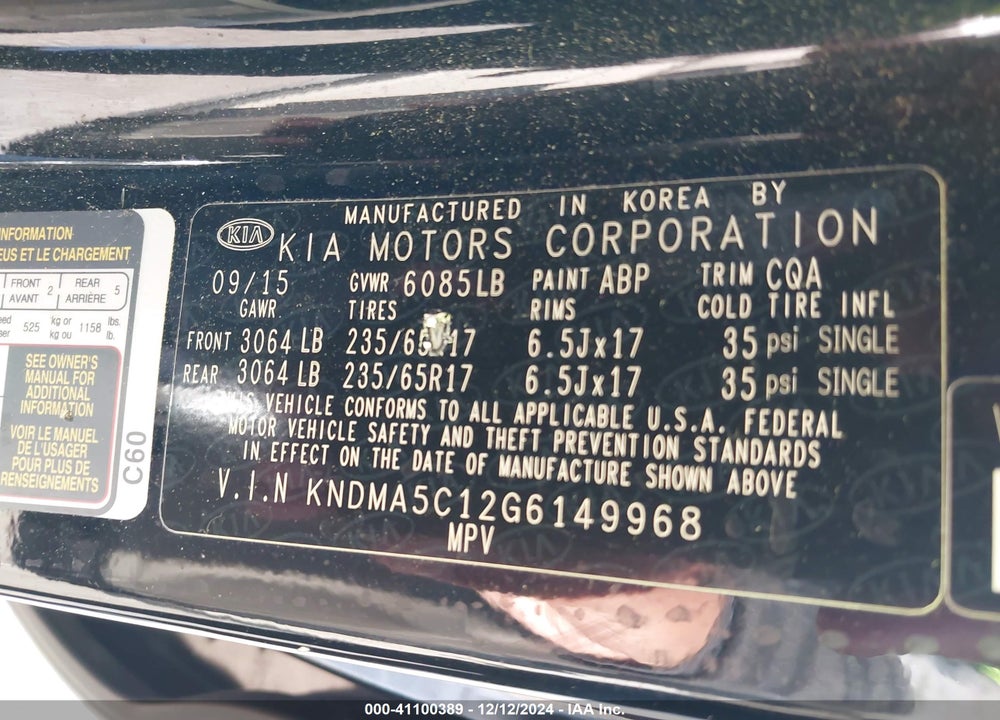 2016 KIA SEDONA L VIN: KNDMA5C12G6149968