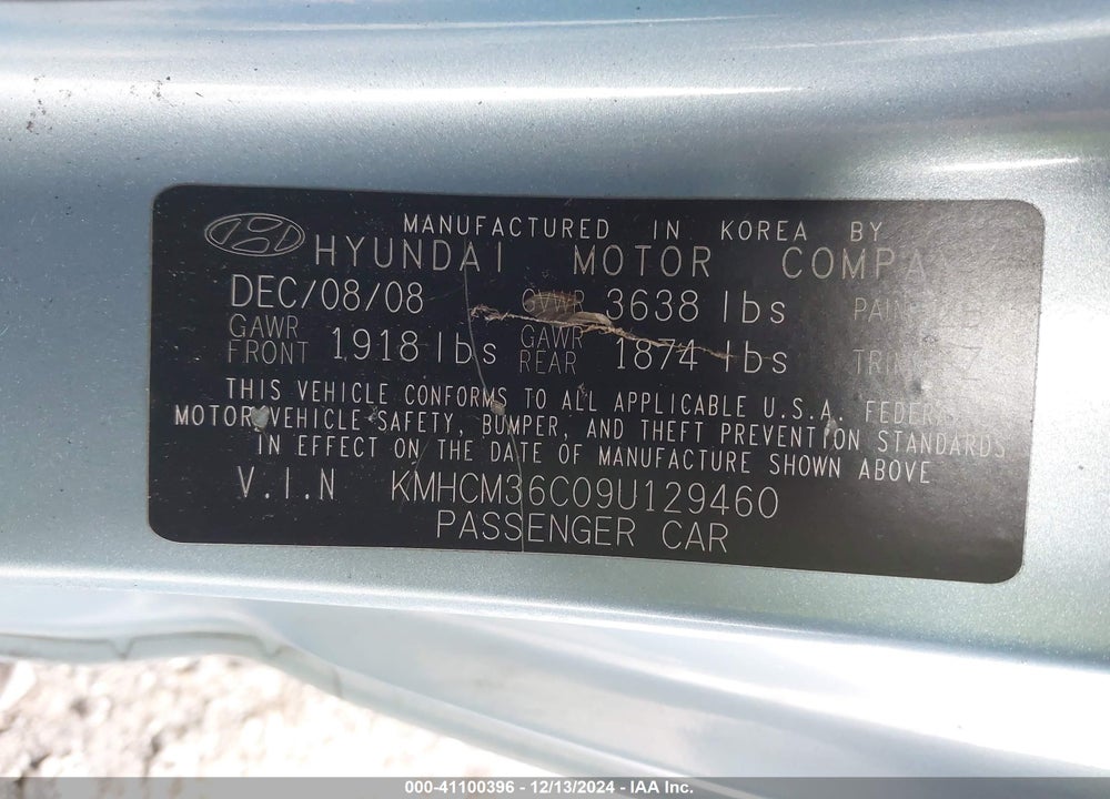 2009 HYUNDAI ACCENT GS VIN: KMHCM36C09U129460