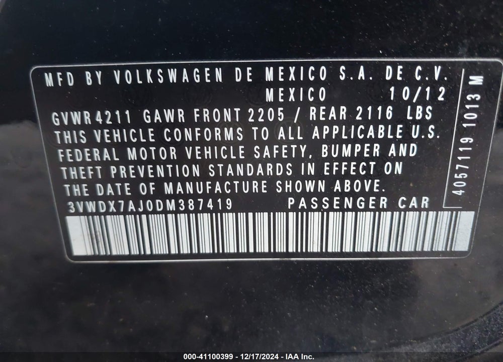 2013 VOLKSWAGEN JETTA VIN: 3VWDX7AJ0DM387419