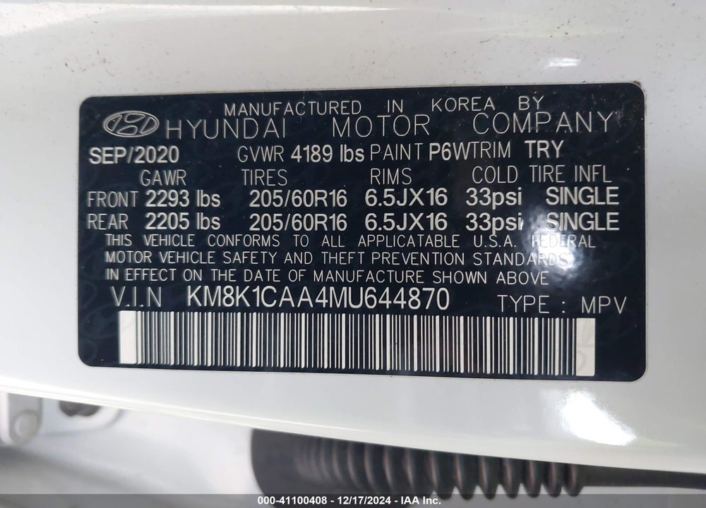 2021 HYUNDAI KONA SE VIN: KM8K1CAA4MU644870