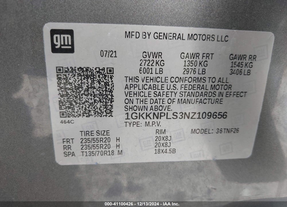 2022 GMC ACADIA FWD DENALI VIN: 1GKKNPLS3NZ109656